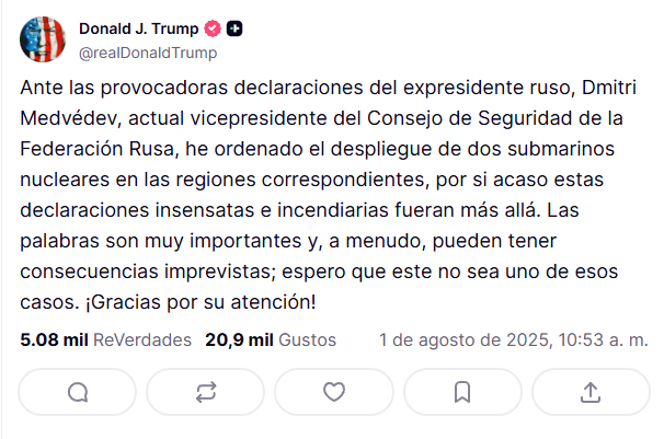 Trump despliega submarinos nucleares a Rusia tras declaraciones de Dmitri Medvédev