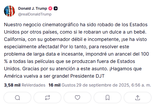 Trump aplica arancel del 100 % a películas extranjeras para proteger Hollywood