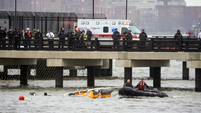 Helicóptero turístico sobrevolando el río Hudson en Nueva York