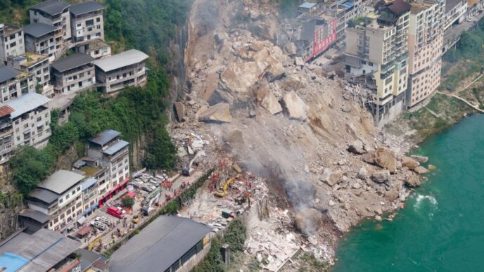 Vista aérea del deslizamiento de tierra en el condado de Pengshui, Chongqing, China, mostrando edificios destruidos y escombros esparcidos en la ladera junto al río Wujiang
