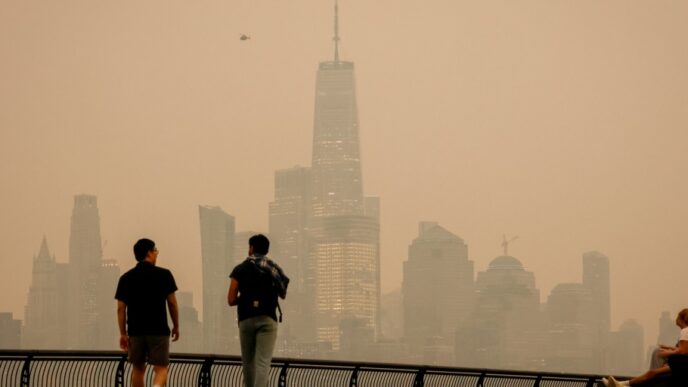 Cielos oscurecidos por humo de incendios forestales canadienses sobre ciudad del Medio Oeste de Estados Unidos
