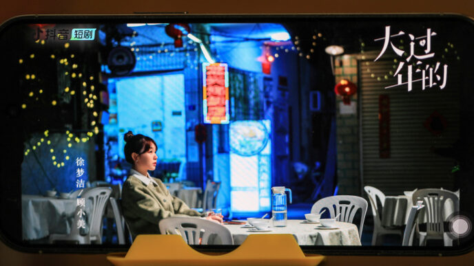 Pantalla mostrando minidrama chino con elementos de inteligencia artificial y tecnología de producción audiovisual
