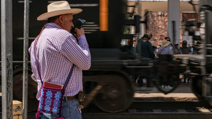 Marcha de trabajadores ferrocarrileros en calles de la Ciudad de México generando bloqueos viales