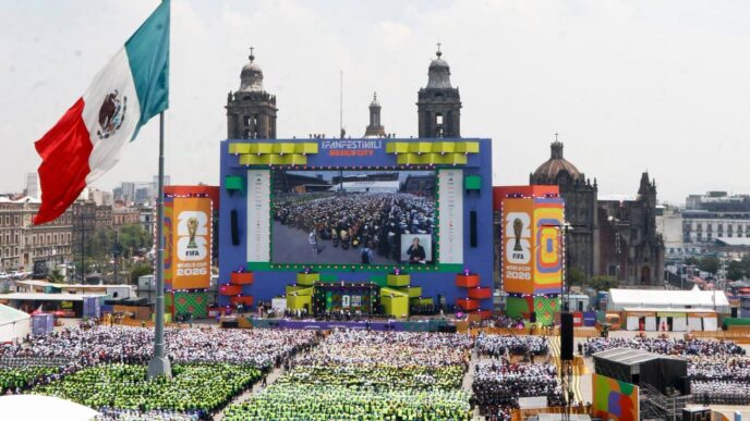 Vista del Estadio Azteca durante el Mundial 2026 con aficionados celebrando en la Ciudad de México