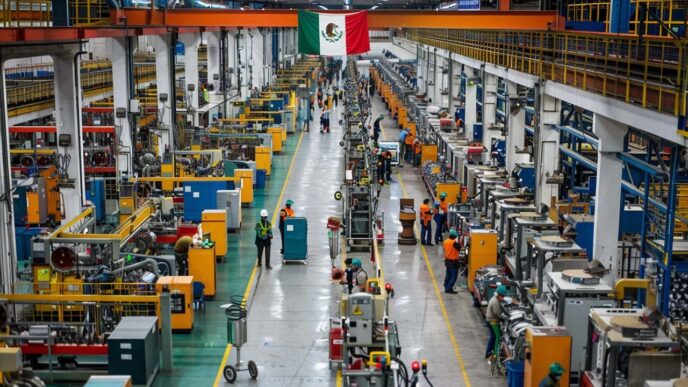 Trabajadores en planta manufacturera en México impulsada por nearshoring en el norte y Bajío del país