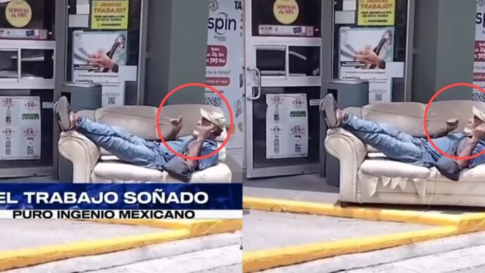 Hombre abriendo puertas de tienda Oxxo desde un sillón en situación viral en redes sociales