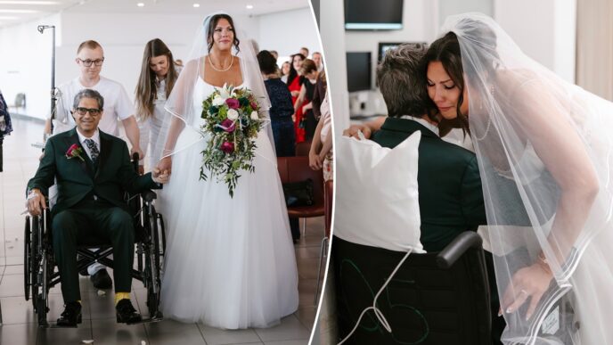 Padre recuperándose de cirugía cardíaca camina con su hija hacia el altar en boda hospitalaria