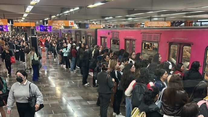 Usuarios transitando en instalaciones del Metro de la Ciudad de México con medidas de seguridad implementadas