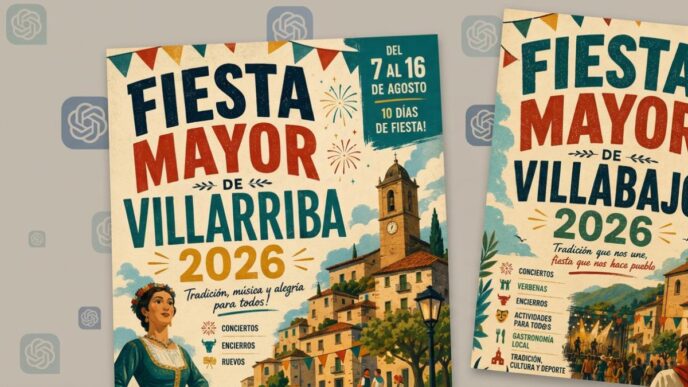 Carteles publicitarios generados por inteligencia artificial con patrones visuales repetitivos y colores vívidos