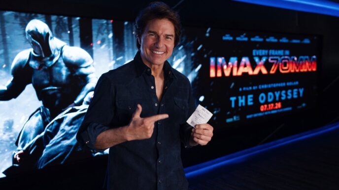 Tom Cruise posa frente a un display promocional de The Odyssey de Christopher Nolan sosteniendo un boleto de cine
