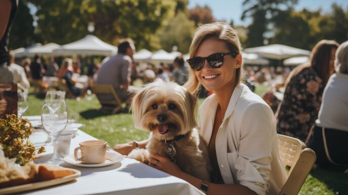 Perro disfrutando de un paseo en una ciudad europea pet-friendly con su dueño durante las vacaciones