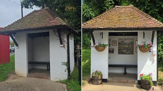 Parada de autobús renovada y transformada en espacio comunitario con biblioteca y decoración floral en Chilham, Kent, Reino Unido
