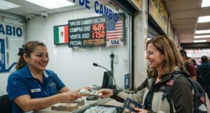 Billetes de dólar estadounidense y pesos mexicanos representando el tipo de cambio en México