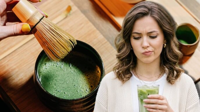 Taza de matcha latte verde sobre mesa de cafetería, representando el negocio millonario del té japonés en México