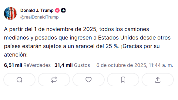 Trump anuncia arancel del 25% a camiones medianos y pesados importados